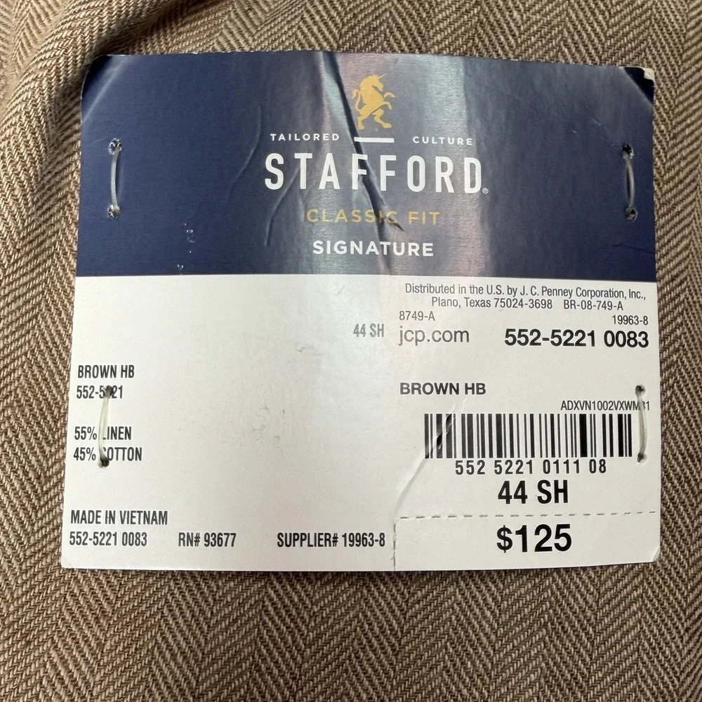 Stafford Signature Classic Brown Herringbone Linen Cotton Sport Coat Men's 44 S